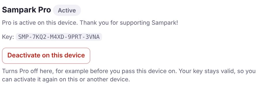 Settings, Sampark Pro: Active, with the key and the Deactivate on this device button