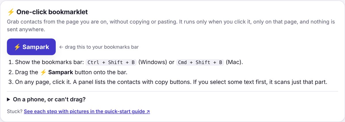 The One-click bookmarklet card with the purple Sampark button to drag to the bookmarks bar, and three steps
