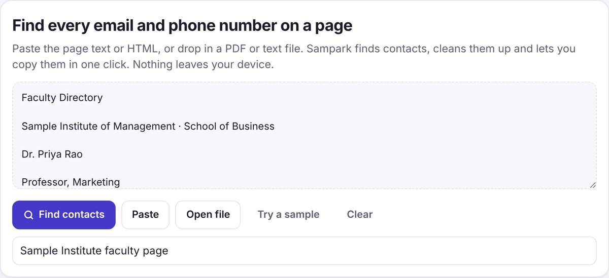Sampark's paste box with the text of a faculty directory page, the Find contacts button and the source box filled in