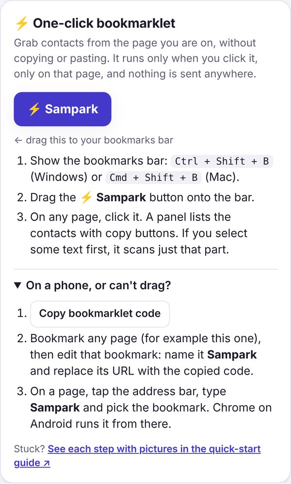 Sampark on a phone: the bookmarklet card with On a phone, or can't drag? open and the Copy bookmarklet code button
